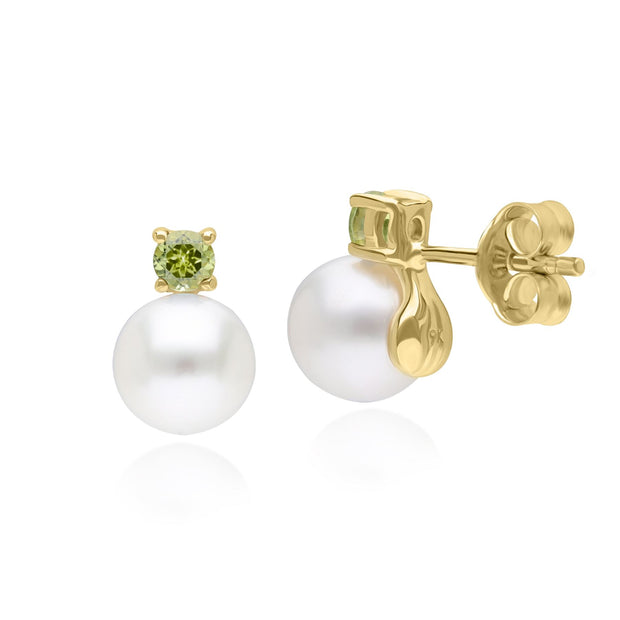 Orecchini a lobo con perle moderne in oro giallo 375, peridoto e diamanti