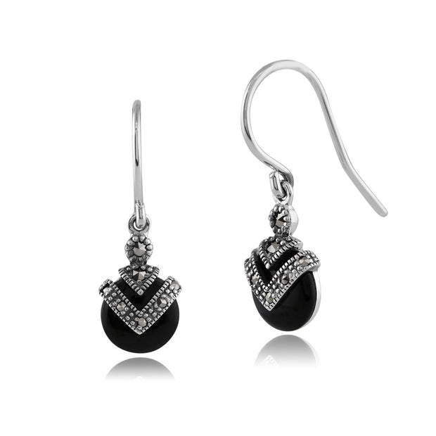 Orecchini pendenti in stile Art Déco in argento 925 con onice nero e marcasite