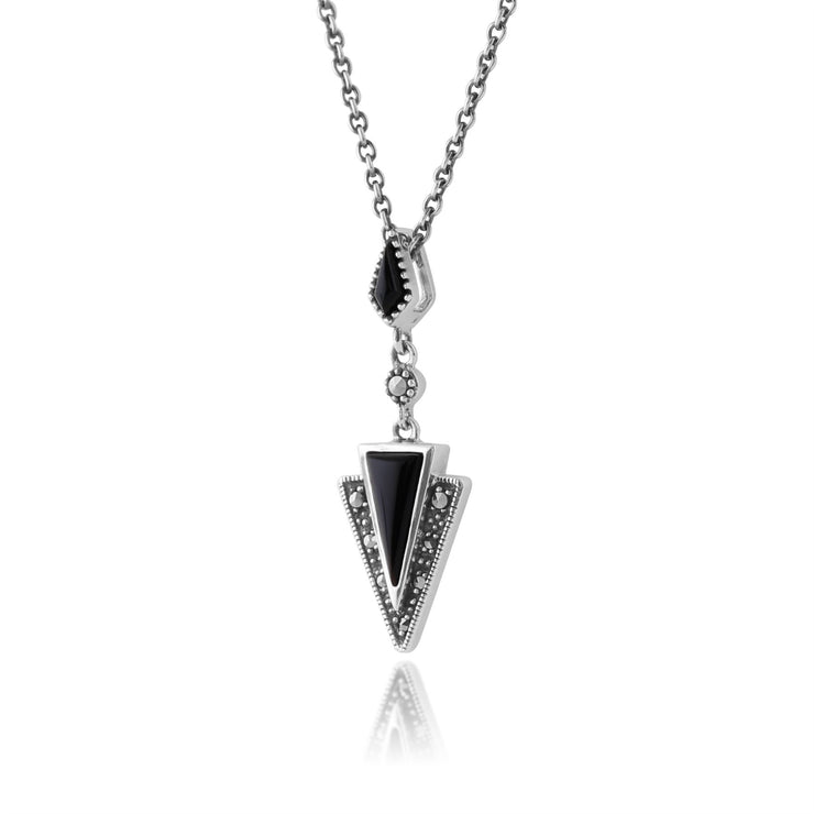 Collana Trangle e Orecchini Pendenti Stile Art Deco Argento 925 Onice Nero e Marcasite