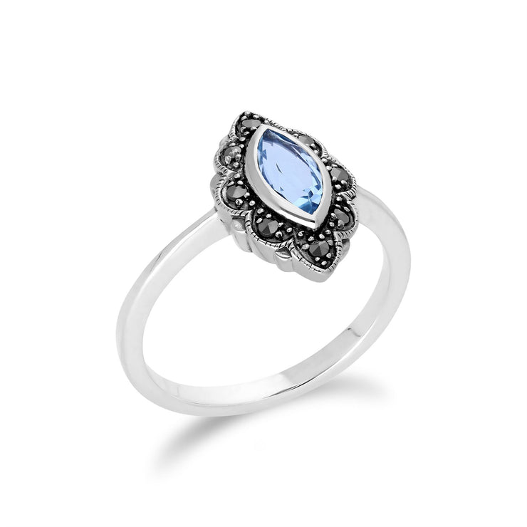 Anello Gemondo con topazio blu, anello in argento sterling con topazio blu e marcasite in stile Art Nouveau - TOPAZIO