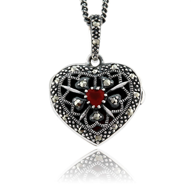 Ciondolo Portafoto Cuore Stile Art Nouveau Argento 925 Corniola e Marcasite