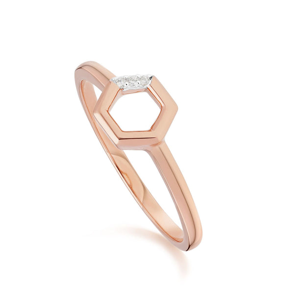Anello aperto esagonale con diamanti in oro rosa 375