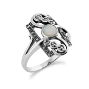 Gemondo Anello in argento 925 con cabochon con opale da 0,28 ct e marcasite da 0,15 ct, classico stile Art Nouveau