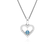 Pendente unico a forma di cuore con topazio azzurro e diamanti in oro bianco da 9 ct su catena da 45 cm