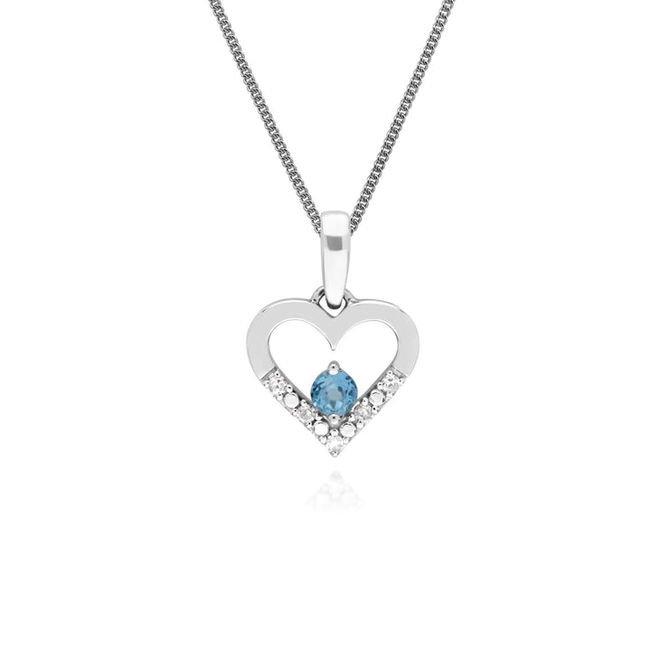 Pendente unico a forma di cuore con topazio azzurro e diamanti in oro bianco da 9 ct su catena da 45 cm