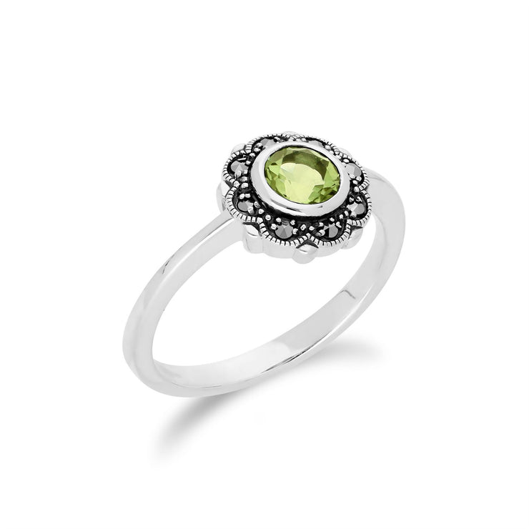 Anello Gemondo con peridoto, anello in argento sterling con peridoto e marcasite in stile Art Nouveau - Peridoto