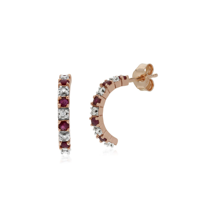 Orecchini con rubini, orecchini stile mezzo cerchio in oro rosa da 9 ct con rubino da 0,28 ct e diamanti da 4 pt