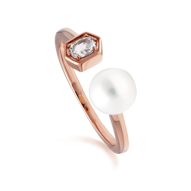 Anello aperto con perla moderna Argento 925 dorato con perla rosa in oro pregiato e topazio bianco