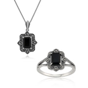 Anello e orecchini pendenti in stile Art Déco in argento 925 con baguette nera e castone in marcasite