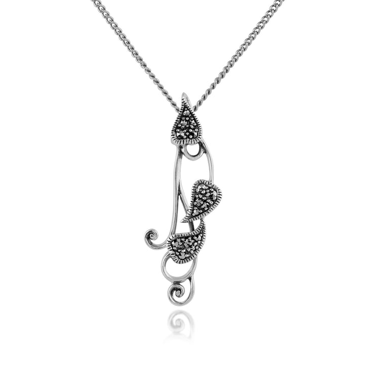 Ciondolo Foglia Stile Art Nouveau Argento 925 Marcasite Rotondo