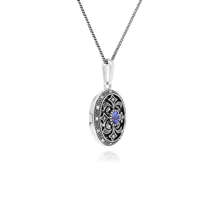 Collana portafoto in stile Art Nouveau in argento 925 con tanzanite ovale