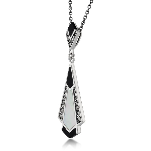 Ciondolo in stile Art Deco Argento 925 con onice nero, madreperla e marcasite