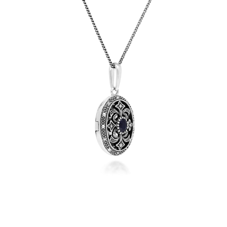 Collana portafoto in stile Art Nouveau in argento 925 con zaffiro ovale