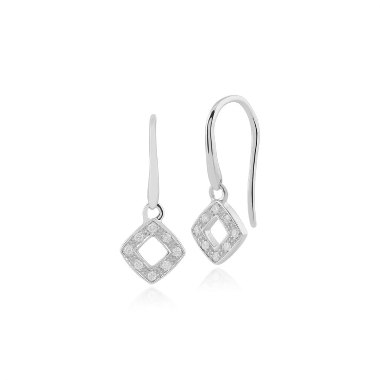 Orecchini a bottone e bracciale classico in oro bianco 375 con diamanti quadrati traforati
