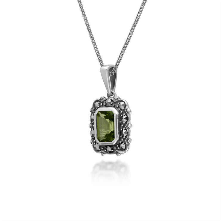 Collana con peridoto, collana in argento sterling con peridoto e marcasite ottagonale in stile Art Nouveau da 45 cm