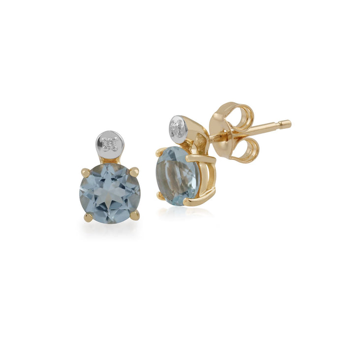 Classici orecchini a bottone rotondi in oro giallo 375 con acquamarina e diamanti