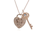 Ciondolo classico con lucchetto a cuore intrecciato in argento 925 placcato oro rosa e grandi ciondoli chiave acquamarina