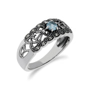 Anello con topazio Gemondo, topazio blu in argento sterling e anello semplice in stile Art Nouveau con marcasite - TOPAZIO