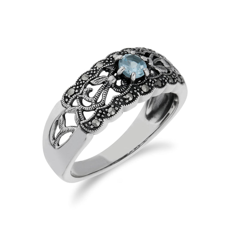 Anello con topazio Gemondo, topazio blu in argento sterling e anello semplice in stile Art Nouveau con marcasite - TOPAZIO