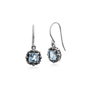 Orecchini pendenti e pendenti in stile Art Déco in argento 925 con topazio azzurro cuscino e marcasite