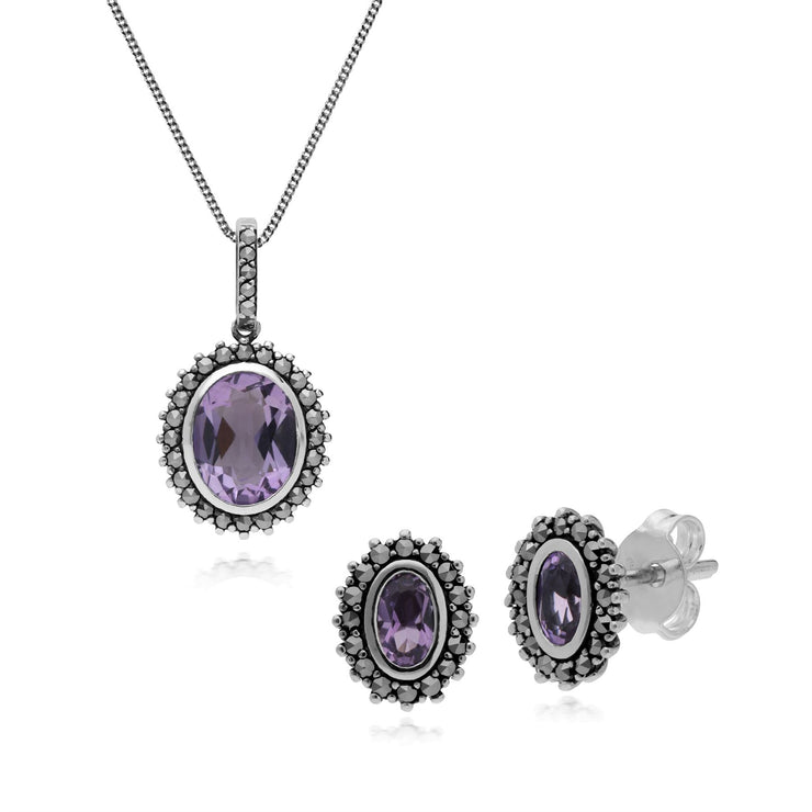 Ciondolo e orecchini in stile Art Déco Argento 925 con ametista ovale e aureola di marcasite