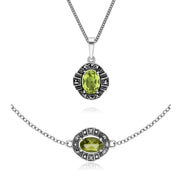 Ciondolo e bracciale in stile Art Déco Argento 925 con peridoto e marcasite a grappolo ovale