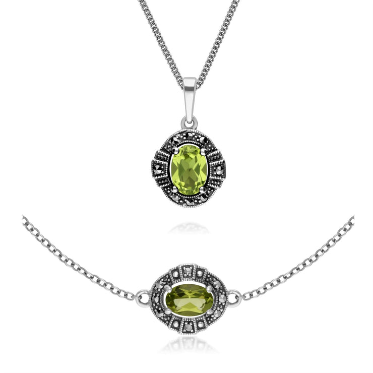 Ciondolo e bracciale in stile Art Déco Argento 925 con peridoto e marcasite a grappolo ovale