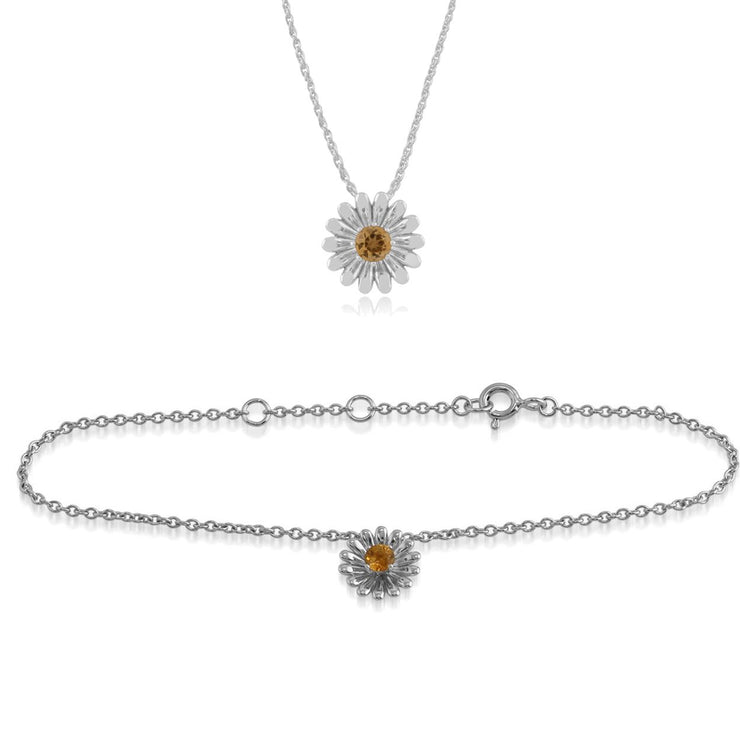 Bracciale e pendente Margherita stile floreale in argento 925 tondo citrino