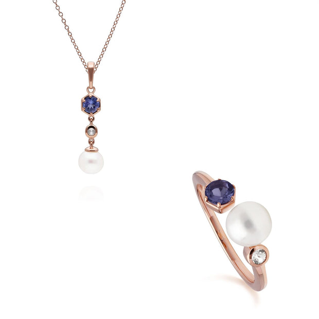 Anello e pendente con perla moderna Argento 925 placcato oro rosa Tanzanite, topazio e perla