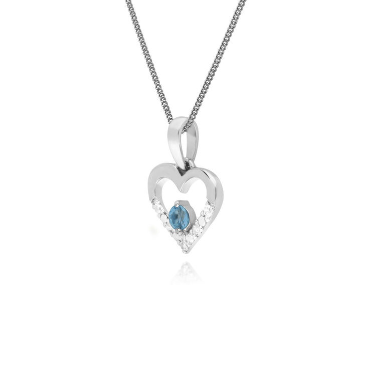 Pendente unico a forma di cuore con topazio azzurro e diamanti in oro bianco da 9 ct su catena da 45 cm