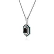 Collana esagonale da 45 cm in argento sterling, onice nero, marcasite e smalto verde