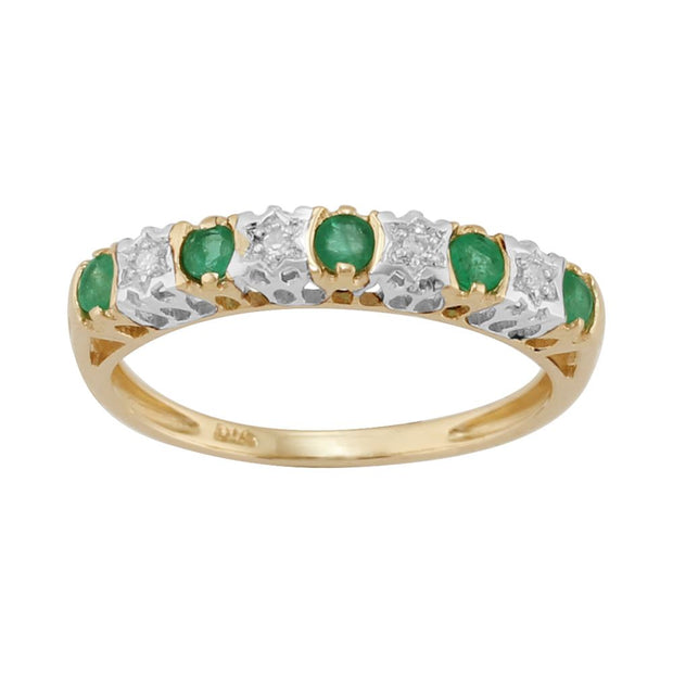 Classico anello Mezza Eternità in oro giallo 375, smeraldo e diamante