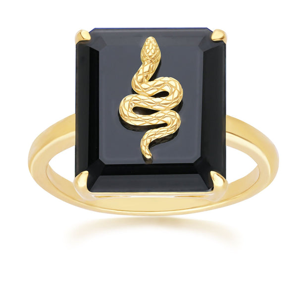 Anello grande serpente decorativo in onice nero in argento placcato oro fino