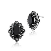 Orecchini Spinello ovale nero e marcasite in argento 925 stile Art Déco 