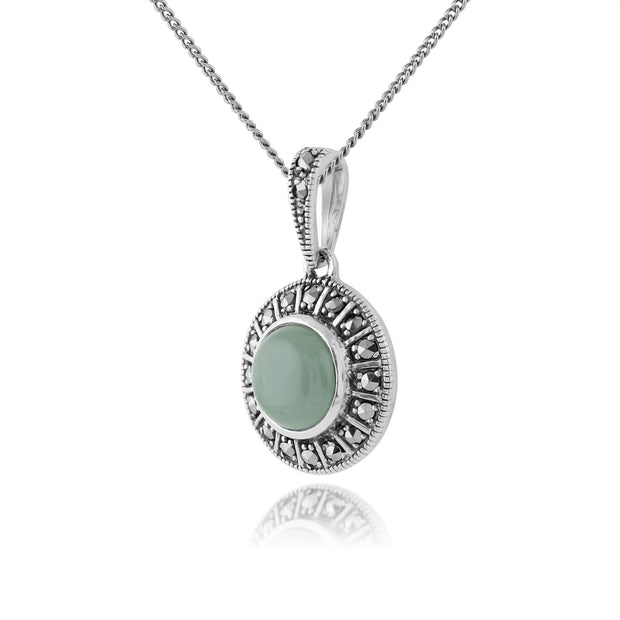 Ciondolo in stile Art Déco in argento 925 rotondo con giada verde e marcasite