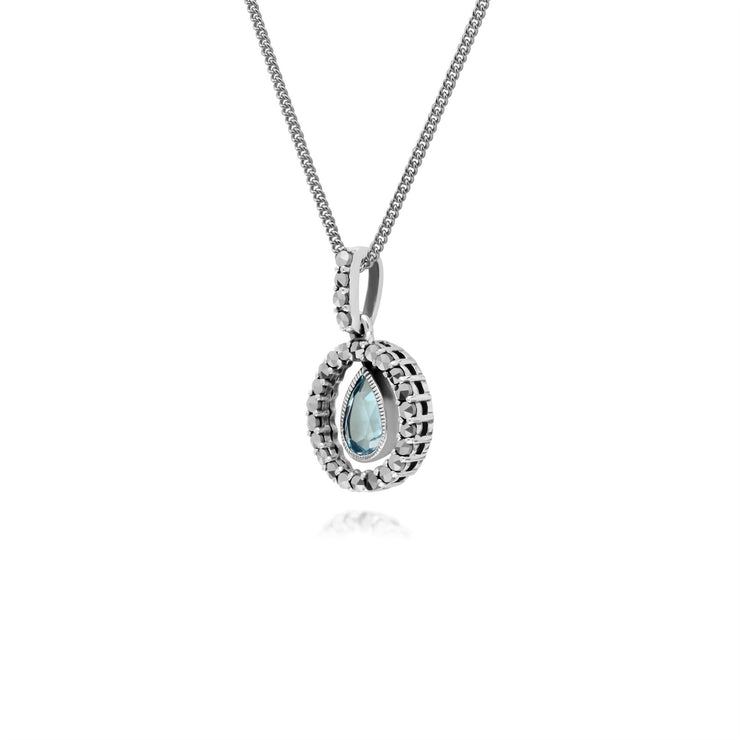 Collana in argento sterling con gocce d'acqua, topazio azzurro e marcasite rotonda da 45 cm