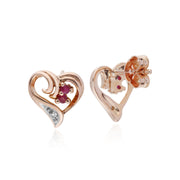 Orecchini con rubini, orecchini a lobo a cuore con rubini e diamanti in oro rosa da 9 ct da 0,10 ct