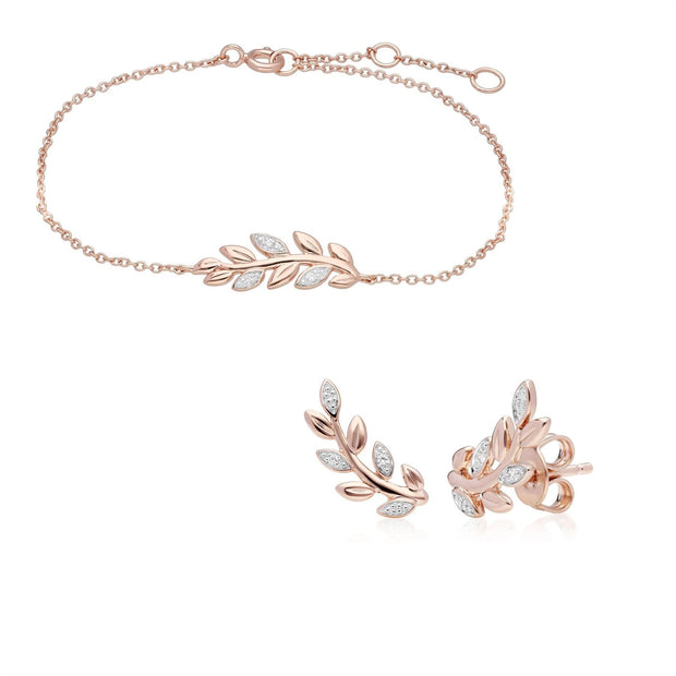 Bracciale e orecchini a lobo O Leaf in oro rosa 375 con diamanti