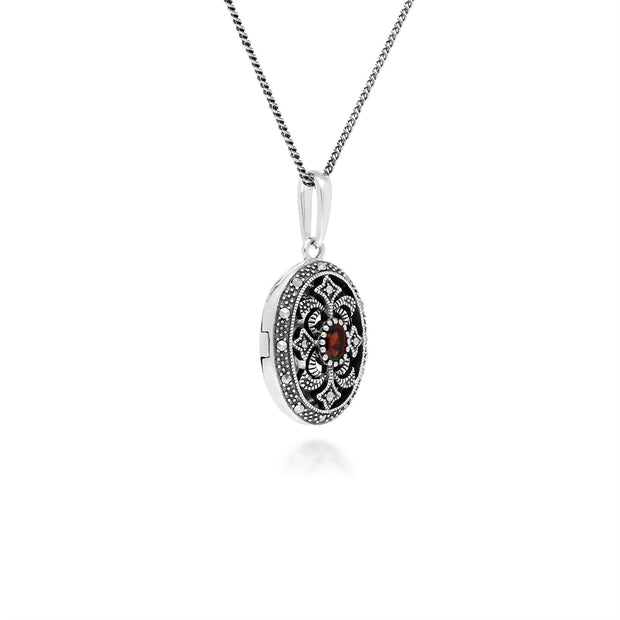 Collana portafoto in stile Art Nouveau in argento 925 con granato ovale