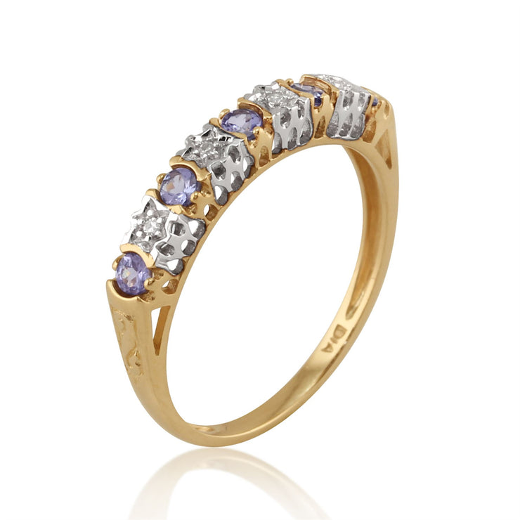 Anello Half Eternity con diamanti 2PT e TANZANITE da 0,23 ct in oro giallo da 9 ct