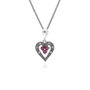 Collana in argento sterling con rubini e marcasite, cuore da 45 cm