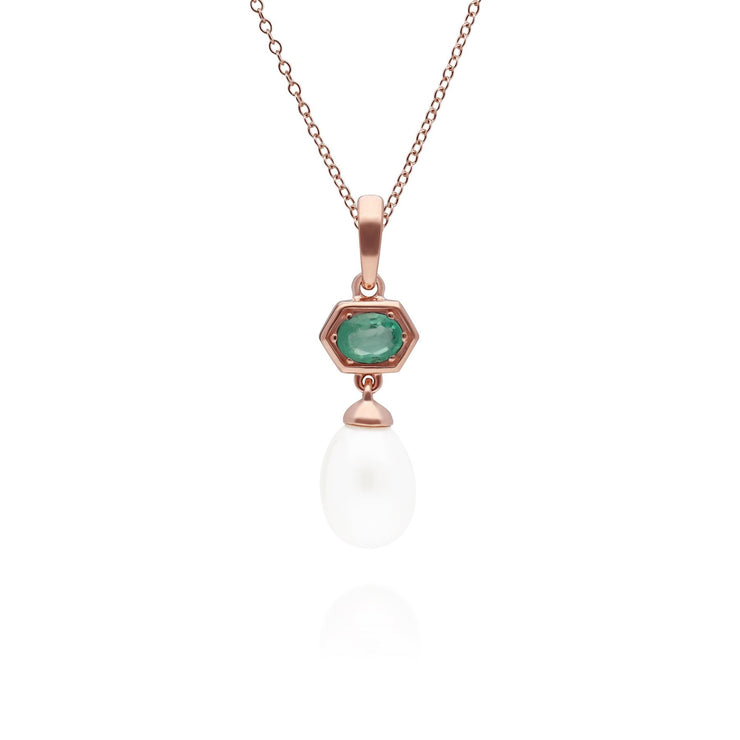 Ciondolo Perla Moderna Argento 925 Placcato Oro Rosa Perla e Smeraldo Esagonale