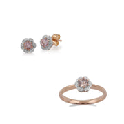 Anello e orecchini con borchia floreale in oro rosa 375 con morganite e diamanti