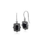 Orecchini pendenti e anello in stile Art Déco Argento 925 Baguette con spinello nero e castone in marcasite