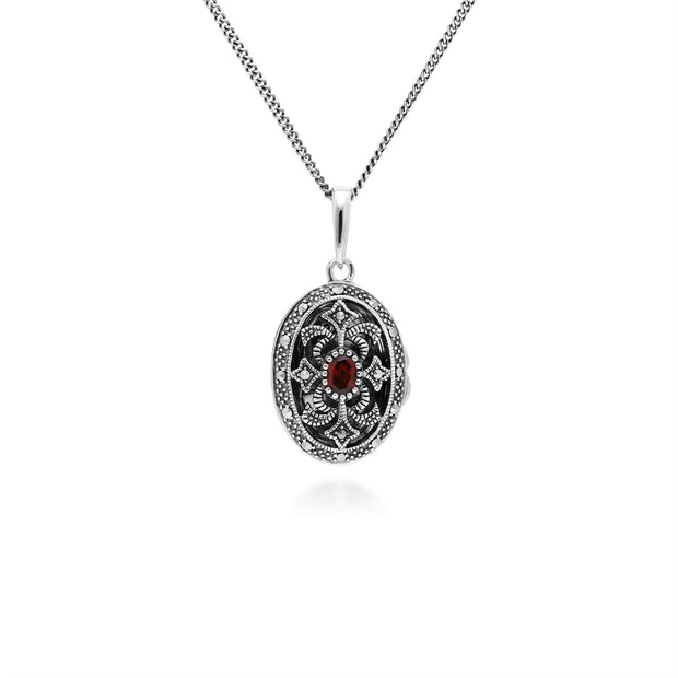 Collana portafoto in stile Art Nouveau in argento 925 con granato ovale