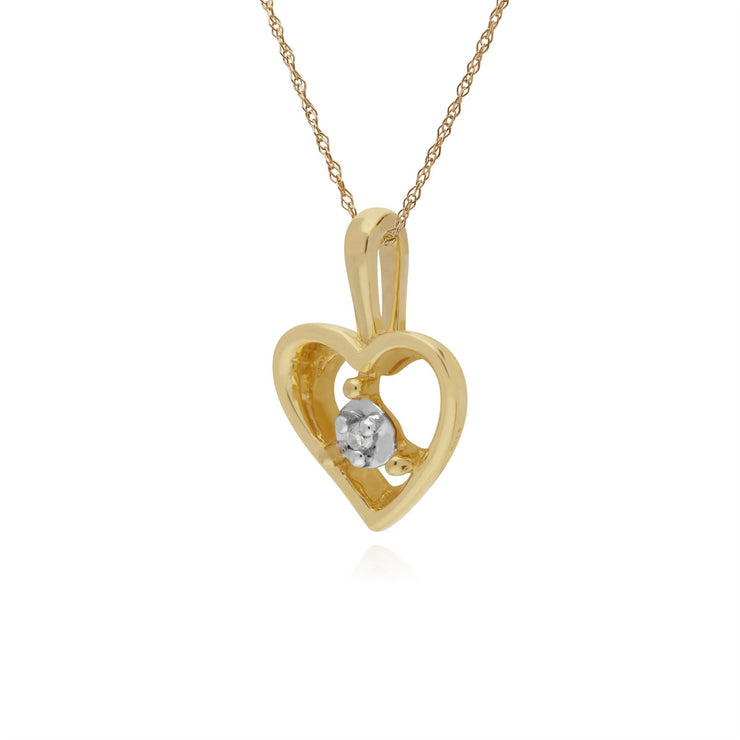 Collana con diamanti, pendente a cuore con pietra singola in oro giallo da 9 ct su catena da 45 cm