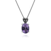 Orecchini a lobo e pendante collana in stile Art Déco Argento 925 con ametista ovale e marcasite