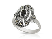 Anello da cocktail ovale Art Déco in argento sterling 925 con onice nero e marcasite