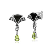 Orecchini pendenti a ventaglio in argento sterling con peridoto, onice nero e marcasite