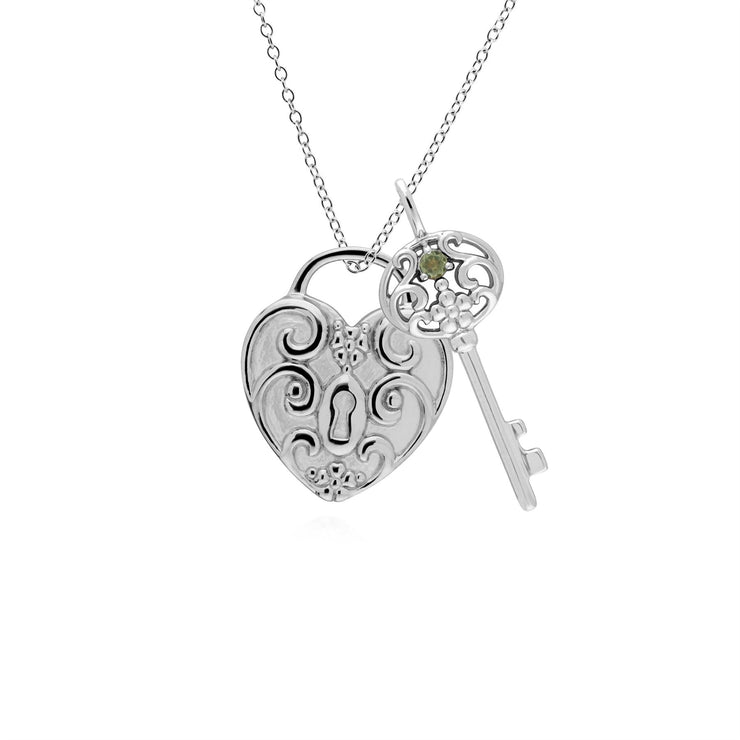 Ciondolo classico con lucchetto a cuore intrecciato in argento 925 e grandi ciondoli con chiave di peridoto
